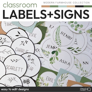 Botanical Greenery Theme Classroom Decor Class Labels + Signs Pack | MODERN FARMHOUSE Collection