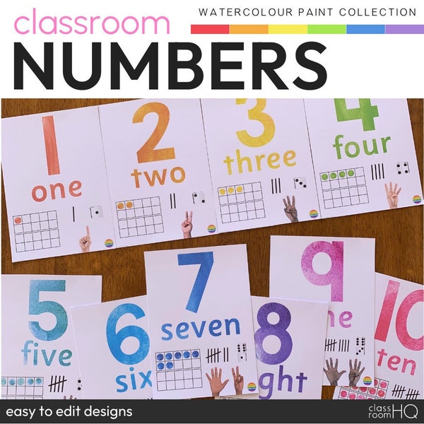 Watercolor Rainbow Theme Classroom Decor Number Posters | WATERCOLOR PAINT Collection