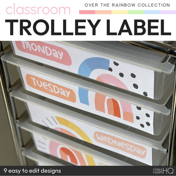 OVER THE RAINBOW 10-Drawer Teacher Rolling Trolley Cart Labels