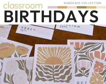 May include: Classroom birthday cards with a floral design. The cards are in shades of brown, yellow, and pink. The text on the cards reads "SEPTEMBER" and "OCT".