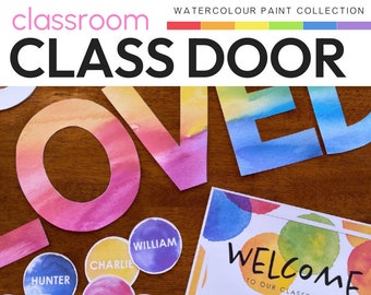 Watercolor Rainbow Theme Classroom Decor Class Door + Bulletin Board Display | WATERCOLOR PAINT Collection