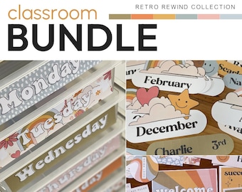 May include: A classroom decor bundle with a retro theme. The bundle includes colorful labels for days of the week, months of the year, and classroom rules. The labels feature a variety of designs, including rainbows, clouds, stars, and hearts. The bundle also includes a welcome sign with the text "Welcome to our classroom".