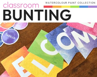 Watercolor Rainbow Theme Classroom Decor Class Bulletin Board Editable Bunting Pack | WATERCOLOR PAINT Collection