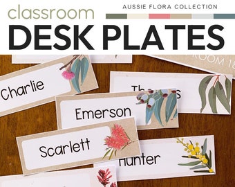 Plaques de bureau modifiables AUSSIE FLORA | Décoration de classe en eucalyptus