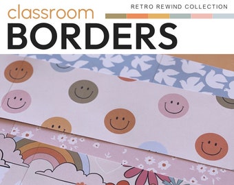 Könnte beinhalten: Ein Set aus vier Klassenzimmerbordüren mit verschiedenen Retro-Mustern. Die Bordüren beinhalten ein rosa-weißes Muster mit Smiley-Gesichtern, ein blau-weißes Muster mit Tauben, ein rosa-weißes Muster mit Regenbögen und Wolken und ein rosa-weißes Muster mit Blumen und Herzen. Der Text "classroom borders" und "easy to edit designs" ist im Bild sichtbar.
