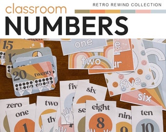 Könnte beinhalten: Ein Satz farbenfroher Klassenziffernkarten im Retro-Design. Die Karten zeigen die Zahlen 0-10 mit verschiedenen Illustrationen und Farben. Der Text "classroom numbers" und "retro rewind collection" befindet sich oben im Bild.