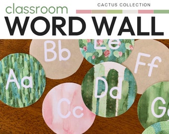 May include: Cactus themed classroom word wall with letters A through H in white on various backgrounds. The letters are in uppercase and lowercase. The backgrounds include green and pink watercolor, green and white cactus print, and brown paper.