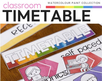 Editable Classroom Timetable Pack | Rainbow Watercolor Visual Schedule (Digital Download)