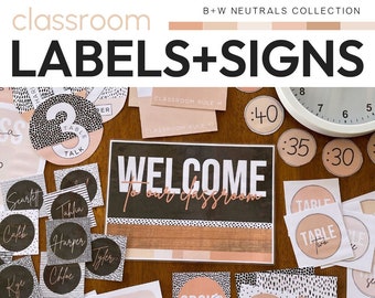 Neutral Classroom Decor Editable Class Labels + Signs Pack | B+W NEUTRALS Collection