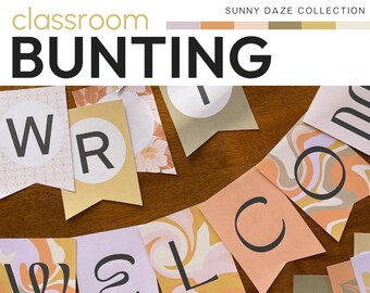 May include: A classroom bunting banner with the word "WELCOME" in a retro, 70s style font. The banner is made of colorful paper with a variety of patterns, including swirls, flowers, and geometric shapes. The banner is perfect for decorating a classroom or any space with a retro vibe.