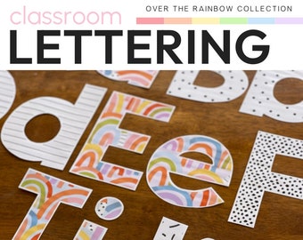 Pastel Modern Rainbow Bulletin Board Letters Editable Lettering Pack OVER THE RAINBOW Classroom Decor