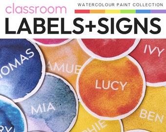 Watercolor Rainbow Theme Classroom Decor Class Labels + Signs Pack | WATERCOLOR PAINT Collection