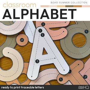 May include: A printable alphabet tracing worksheet with a boho summer theme. The letters are white with black outlines and have numbered arrows to guide tracing. The letters are surrounded by colourful shapes with a woodgrain background.