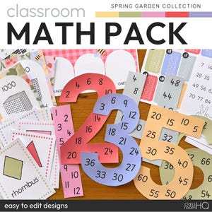 Könnte beinhalten: Ein farbenfrohes Mathe-Paket mit der Aufschrift "MATH PACK". Das Bild zeigt verschiedene Lehrmaterialien, darunter Zahlen-Ausschnitte, Multiplikationstabellen und geometrische Formen. Die Zahlen sind in verschiedenen Farben und Größen, ideal für den Unterricht.