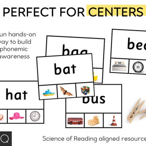 May include: Black and white printable cards with the words "hat", "bat", "baa", "bed", and "bus" with corresponding images for each word. The text "Science of Reading aligned resource" is at the bottom of the image.