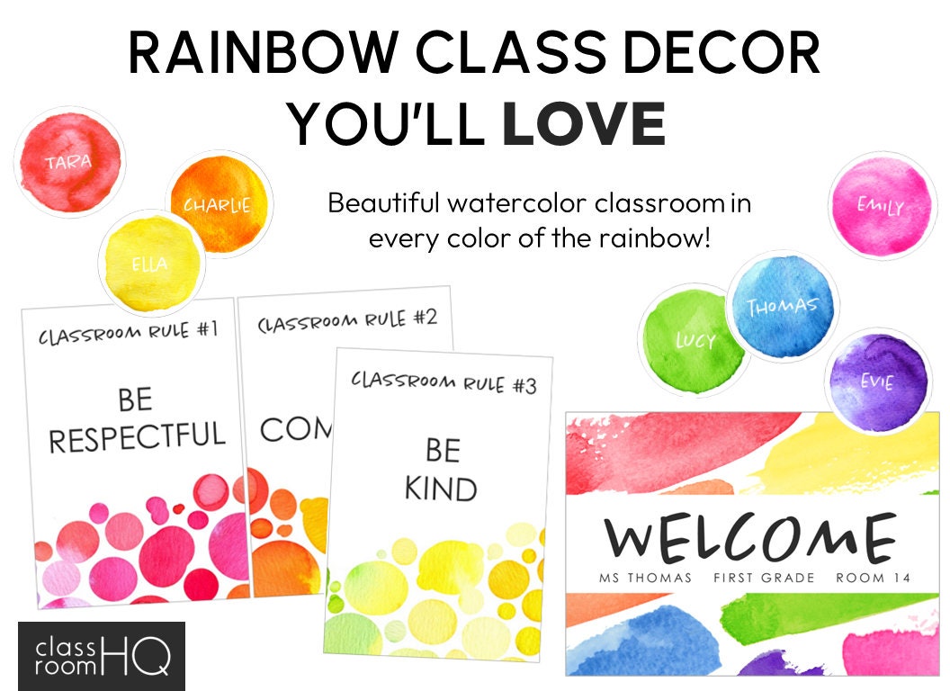 Watercolor Rainbow Theme Classroom Decor Class Labels + Signs Pack ...