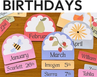 Tablón de anuncios de cumpleaños con temática de jardín de primavera: Decoración para el aula en tonos pastel (editable)