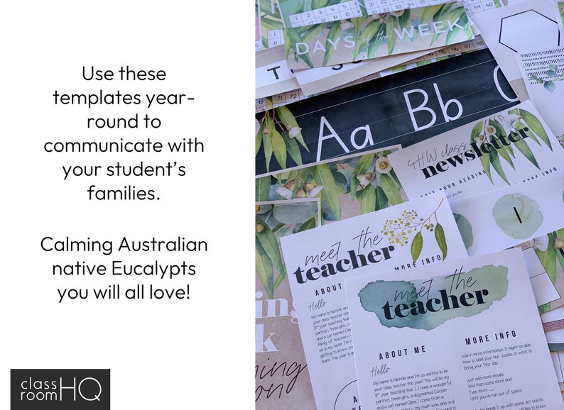 Australian Eucalyptus Theme Editable Meet The Teacher Templates and Class Newsletter Templates GUM LEAF Classroom Decor by classroomHQ