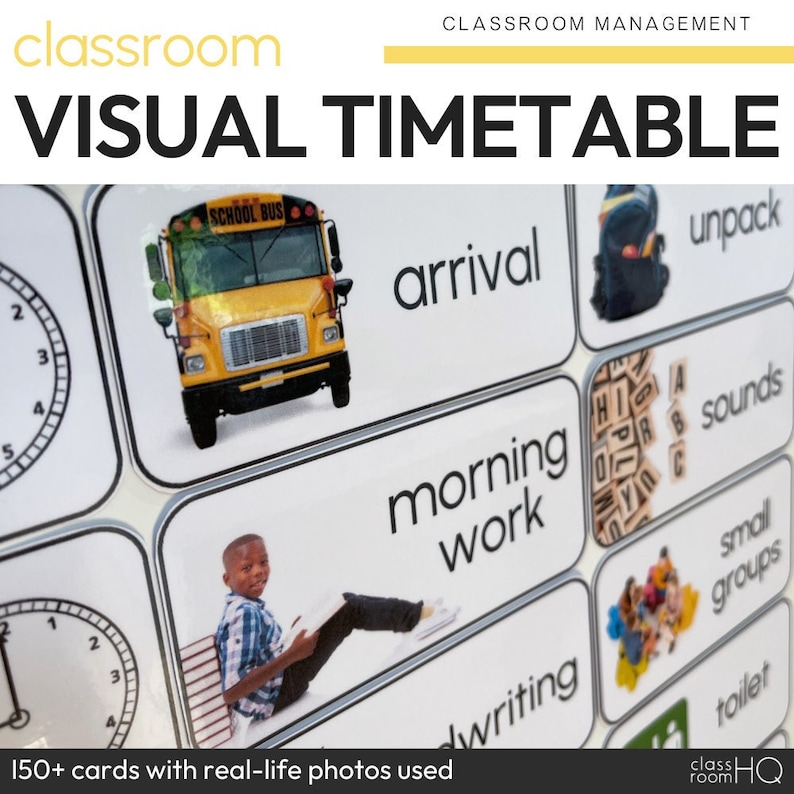 May include: A visual timetable for a classroom with images and text on white cards. The cards include a school bus, a backpack, a boy reading, a clock, and the words "arrival", "unpack", "morning work", "sounds", "small groups", "writing", and "toilet".