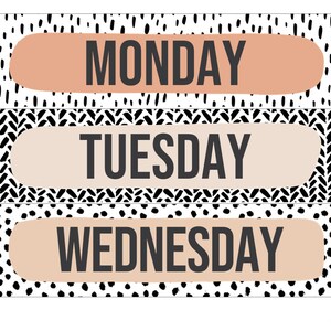May include: Three black and white patterned printable labels with the days of the week: Monday, Tuesday, and Wednesday. The labels are in a peachy-orange color.