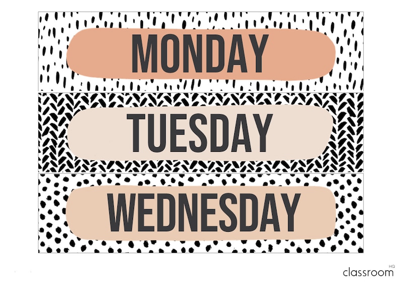 May include: Three black and white patterned printable labels with the days of the week: Monday, Tuesday, and Wednesday. The labels are in a peachy-orange color.