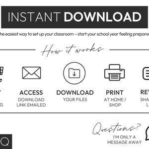May include: Black and white graphic with the text "INSTANT DOWNLOAD" and instructions on how to access and use the digital product. The steps include buying, accessing, downloading, printing, and reviewing.