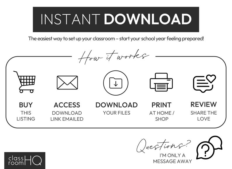 May include: Black and white graphic with the text "INSTANT DOWNLOAD" and instructions on how to access and use the digital product. The steps include buying, accessing, downloading, printing, and reviewing.