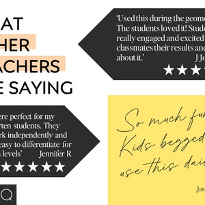 May include: A collage of positive reviews from teachers about educational resources. The text reads "What other teachers are saying."  One review says "These were perfect for my kindergarten students. They could work independently and it was so easy to differentiate for their own levels." Another review says "Used this during the geometry unit. The students loved it! Students were really engaged and excited to show classmates their results and talk about it."