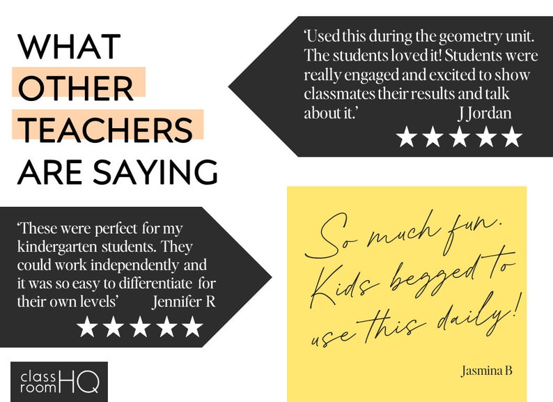May include: A collage of positive reviews from teachers about educational resources. The text reads "What other teachers are saying."  One review says "These were perfect for my kindergarten students. They could work independently and it was so easy to differentiate for their own levels." Another review says "Used this during the geometry unit. The students loved it! Students were really engaged and excited to show classmates their results and talk about it."