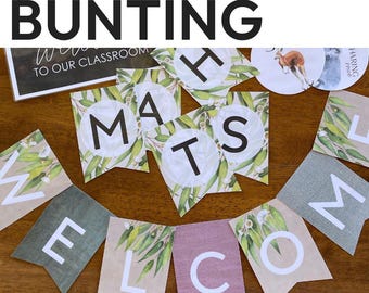Banderines editables para tablón de anuncios con temática australiana de eucalipto, decoración para aulas con hojas de eucalipto