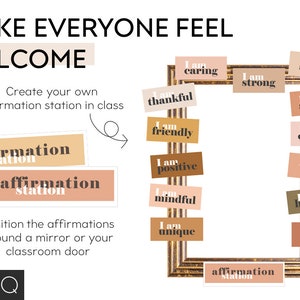 May include: A classroom affirmation station with a gold frame and colorful cards with positive affirmations like "I am caring", "I am smart", "I am strong", "I am thankful", "I am friendly", "I am positive", "I am mindful", "I am unique", "I am special", "I am enough", "I am loved", "I am helpful", and "I am brave".