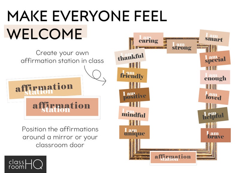 May include: A classroom affirmation station with a gold frame and colorful cards with positive affirmations like "I am caring", "I am smart", "I am strong", "I am thankful", "I am friendly", "I am positive", "I am mindful", "I am unique", "I am special", "I am enough", "I am loved", "I am helpful", and "I am brave".