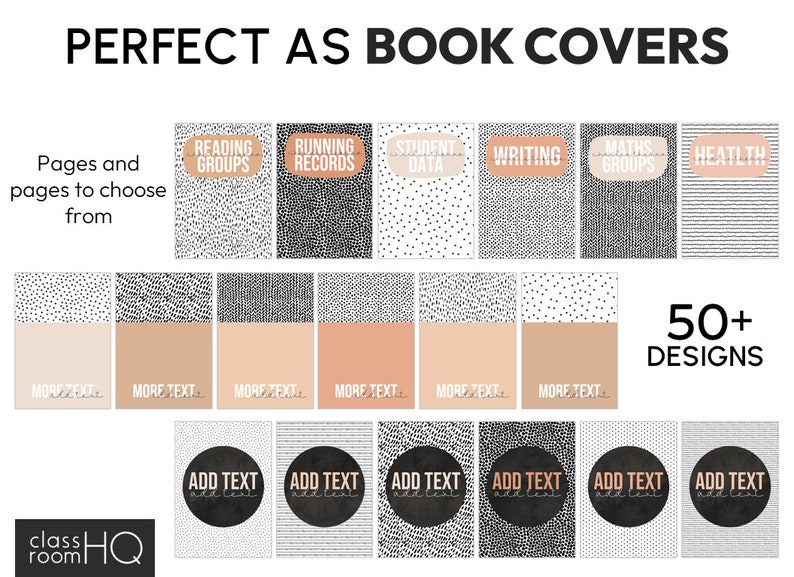 May include: A collection of 50+ black and white printable book cover designs featuring different patterns and text. The designs include polka dots, stripes, and abstract patterns. The text includes "Reading Groups", "Running Records", "Student Data", "Writing", "Maths Groups", and "Health".