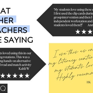 May include: A collage of positive reviews from teachers about a classroom resource. The text reads "What other teachers are saying."  One review says "My students loved using this in our daily reading rotations. This was a fun, engaging hands-on alternative to the usual read and match activity sheets." Another review says "My students love using these clip cards!!!! I first used the clip cards during small group intervention and then I used as an independent workstation and all of the students loved them!!!"  The third review says "I use this as one of my literacy centers, and my students love it!! Highly recommend!"