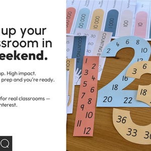 May include: Educational classroom materials with large number cutouts and counting aids. The image includes the text "Set up your classroom in a weekend." and "Quick setup. High impact. Just print, prep and you're ready."
