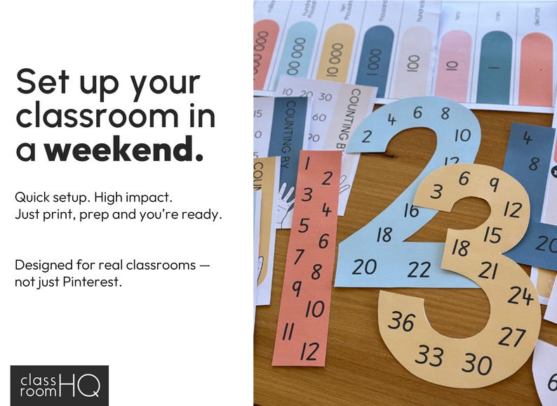 May include: Educational classroom materials with large number cutouts and counting aids. The image includes the text "Set up your classroom in a weekend." and "Quick setup. High impact. Just print, prep and you're ready."