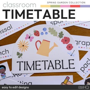 Pode incluir: Um cartão de horário branco e semicircular com a palavra "TIMETABLE" em letras pretas grandes. O cartão é decorado com um regador, flores, uma borboleta e outras ilustrações com tema de jardim. As palavras "easy to edit designs" estão na parte inferior.