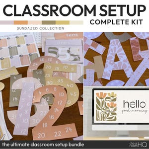 May include: A classroom setup bundle with the text "CLASSROOM SETUP COMPLETE KIT" and "SUNDAZED COLLECTION". The image shows various educational materials, including number cutouts, multiplication facts, and a computer screen displaying "hello good morning".