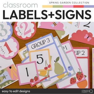 Può includere: Una collezione di etichette e cartelli per la classe con un tema giardino primaverile. Le etichette presentano numeri, frutta e disegni floreali in vari colori. Il testo "LABELS+SIGNS" è visualizzato in modo prominente in alto.