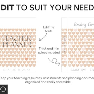May include: A printable teacher planner cover with a heart pattern in shades of pink and peach. The cover features the text "TEACHER PLANNER" and "2023-24" along with the name "CHARLIE THOMAS".