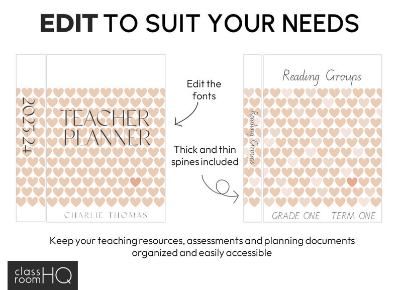 May include: A printable teacher planner cover with a heart pattern in shades of pink and peach. The cover features the text "TEACHER PLANNER" and "2023-24" along with the name "CHARLIE THOMAS".