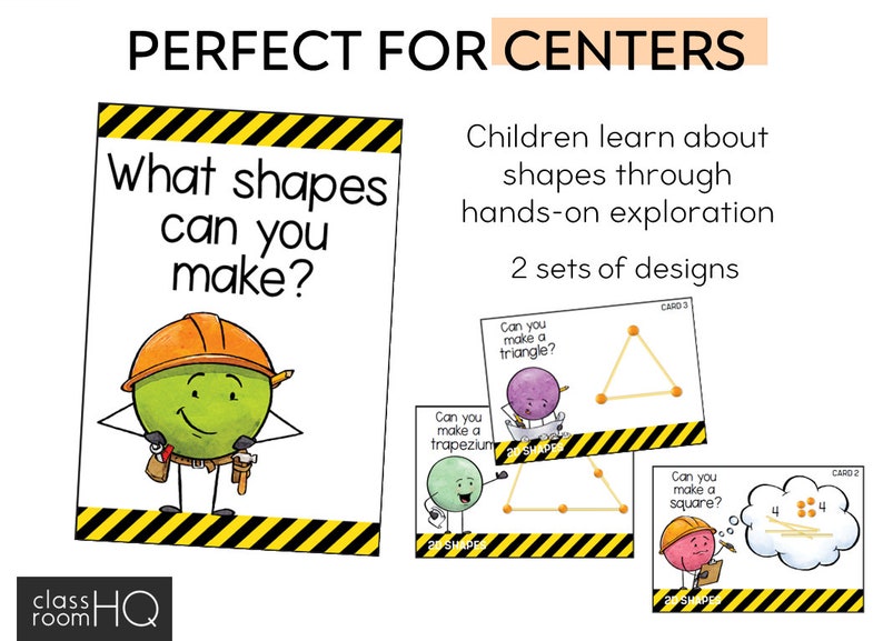 May include: A printable set of construction-themed cards for kids to learn about shapes. The cards feature a cartoon character and instructions like "Can you make a triangle?" and "Can you make a square?"