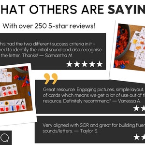 May include: A collage of images showing positive reviews for an educational resource. The text reads "What others are saying" and "With over 250 5-star reviews!"  The reviews highlight the resource's engaging pictures, simple layout, and effectiveness in building fluency with sounds and letters.