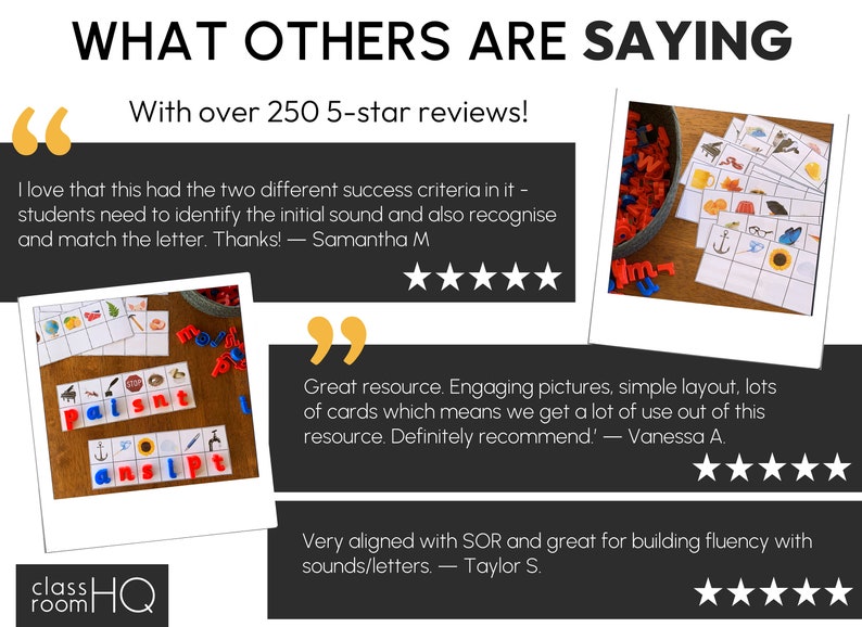 May include: A collage of images showing positive reviews for an educational resource. The text reads "What others are saying" and "With over 250 5-star reviews!"  The reviews highlight the resource's engaging pictures, simple layout, and effectiveness in building fluency with sounds and letters.