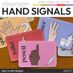 Editable Hand Signals for Classroom Management | SPRING GARDEN Classroom Decor Theme | Visual Student Cues