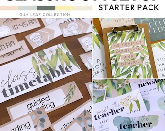 Editable Botanical Classroom Decor Starter Pack | Neutral Eucalyptus Theme GUM LEAF Calm Classroom Decor