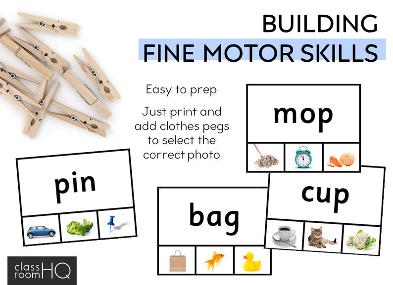 May include: A printable set of cards for building fine motor skills. Each card features a word and three images, one of which matches the word. The words are "mop", "pin", "bag", and "cup".