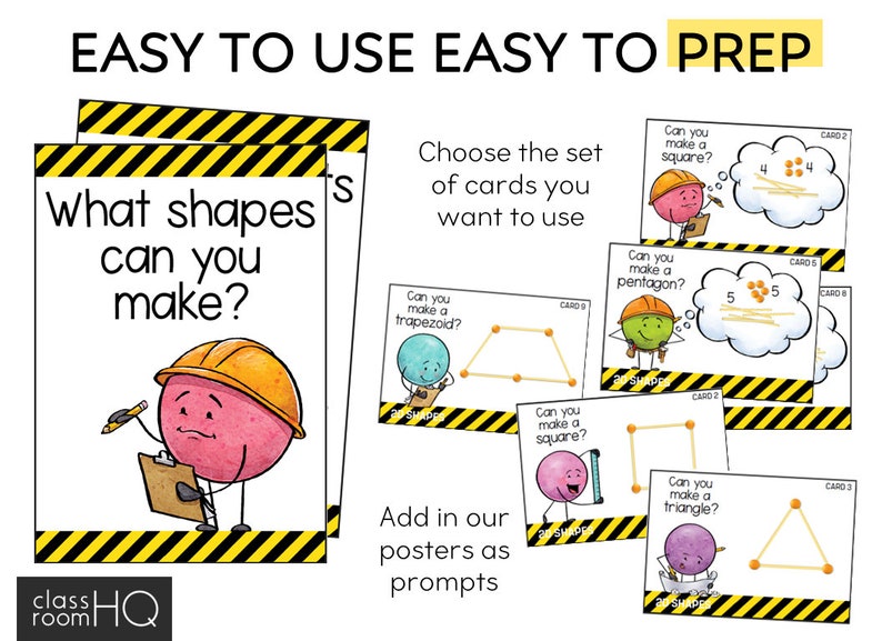 May include: A set of printable cards for a shape building activity. The cards feature cartoon characters asking "Can you make a ...?" with a shape name and a visual representation of the shape. The cards are designed to be used with craft sticks.