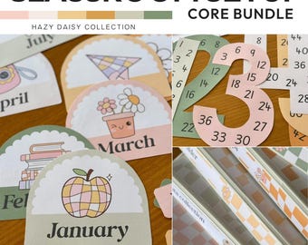 May include: A classroom decor bundle with the text "CLASSROOM SETUP CORE BUNDLE" and "HAZY DAISY COLLECTION". The image features month cards, number cards, and decorative storage boxes. The month cards have illustrations of a camera, a paper airplane, flowers, books, and an apple.