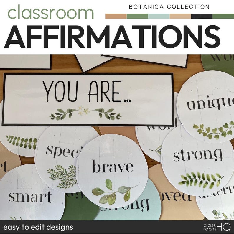 May include: A collection of affirmation cards with botanical illustrations. The cards feature phrases like "You Are...", "Brave", "Strong", and "Unique". The design includes watercolor-style leaves and floral accents, with a neutral color palette.